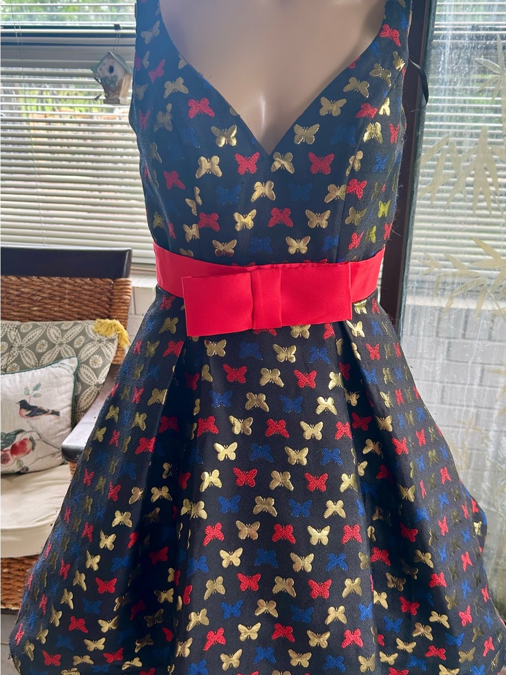 Mac Duggal Navy Butterfly Print Prom Dress with Red Belt